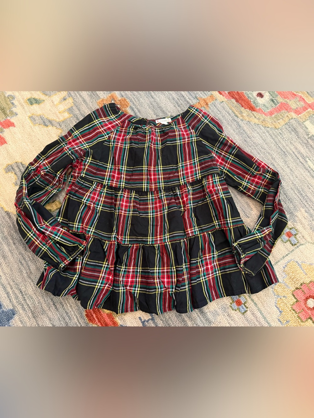 Crewcuts Tartan Plaid Ruffle tiered Top Girls' size 10 Holiday Black Red peplum